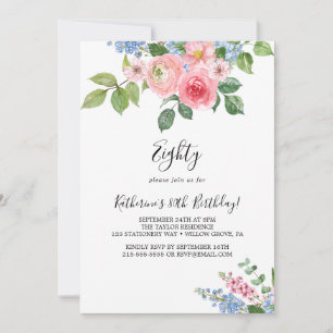 Elegante invitación de cumpleaños 80 con flores pi