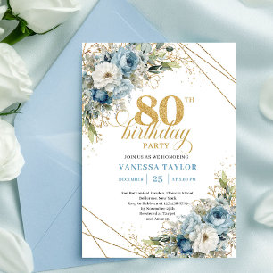 Elegante invitación de cumpleaños 80 flores azul p