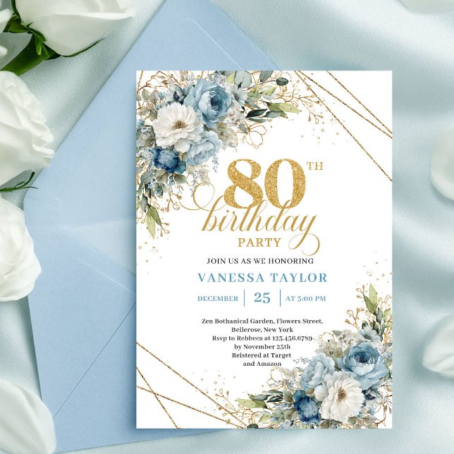 Elegante invitación de cumpleaños 80 flores azul p (Elegant 80th Birthday Invite Dusty Blue Flowers Gold)
