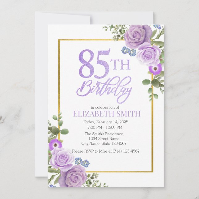 Elegante invitación de cumpleaños 85º Floral Púrpu (Anverso)
