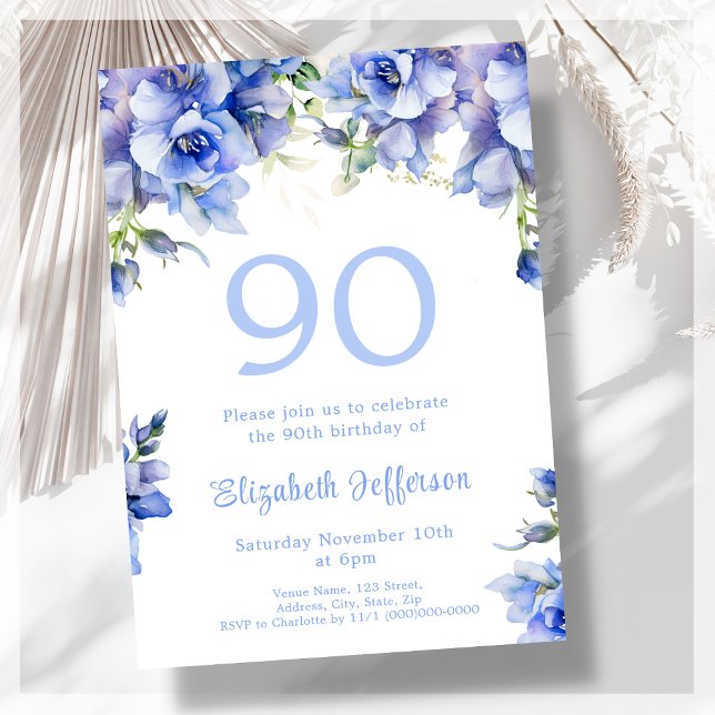 Elegante invitación de cumpleaños 90º Floral Azul (Subido por el creador)