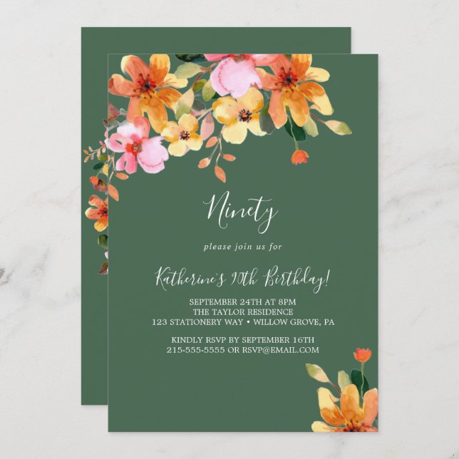 Elegante invitación de cumpleaños 90 con flores pi (Anverso / Reverso)