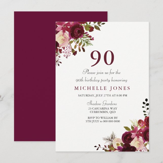 Elegante Invitación de cumpleaños 90 de Borgoña Fl (Anverso / Reverso)