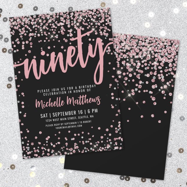 Elegante Invitación de Cumpleaños 90 en Rosa Dorad (Elegant Rose Gold 90th Birthday Invitation)