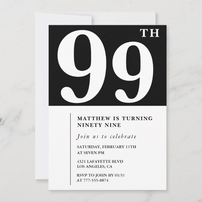 Elegante invitación de cumpleaños 99 de blanco neg (Anverso)