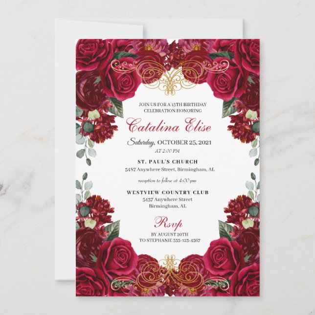 Elegante Invitación de cumpleaños a Quinceanera fl (Reverso)