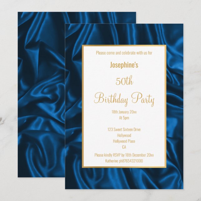 ELEGANTE INVITACIÓN DE CUMPLEAÑOS AZUL REAL SATIN (Anverso / Reverso)