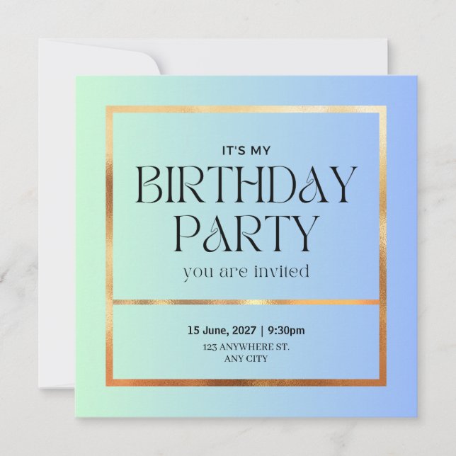 Elegante invitación de cumpleaños azul y oro (Anverso)