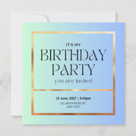 Elegante invitación de cumpleaños azul y oro