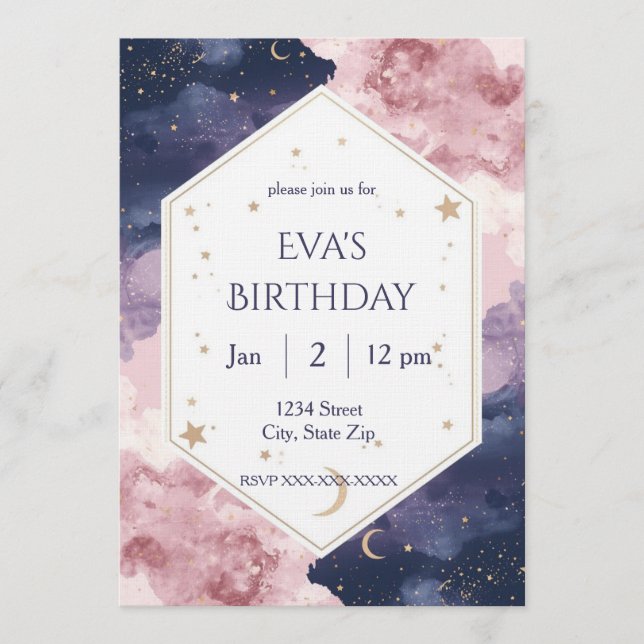 Elegante Invitación de Cumpleaños Celestial – Acua (Anverso)