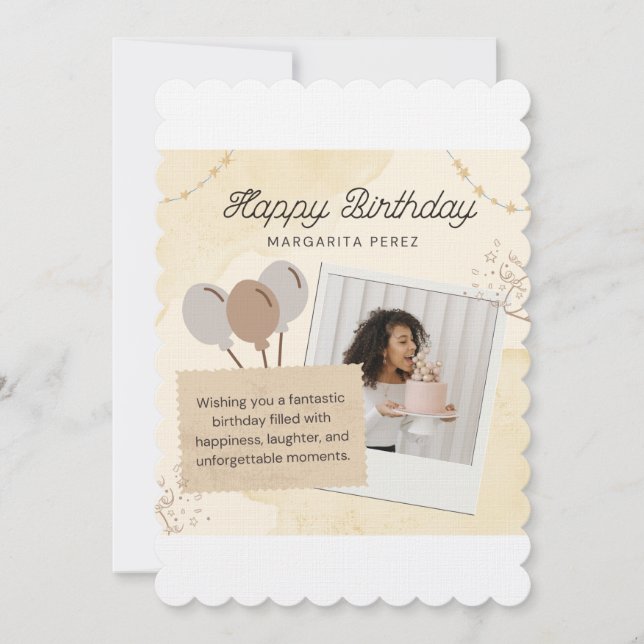 Elegante invitación de cumpleaños con festón y fot (Anverso)