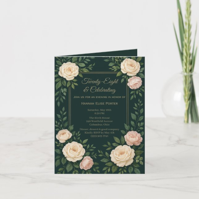 Elegante Invitación de Cumpleaños con Flores en Az (Anverso)