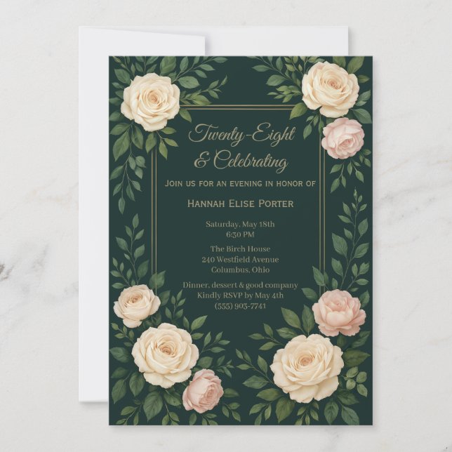 Elegante Invitación de Cumpleaños con Flores en Az (Anverso)