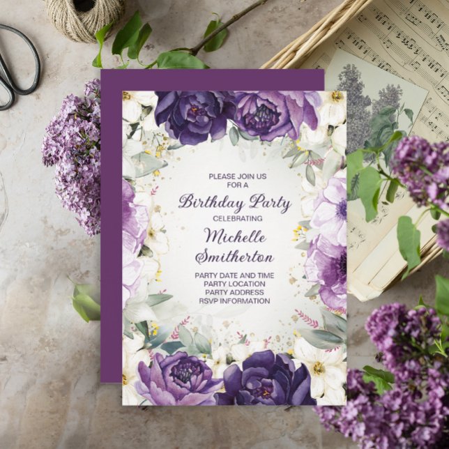 Elegante Invitación de Cumpleaños con Flores Purpú (Subido por el creador)
