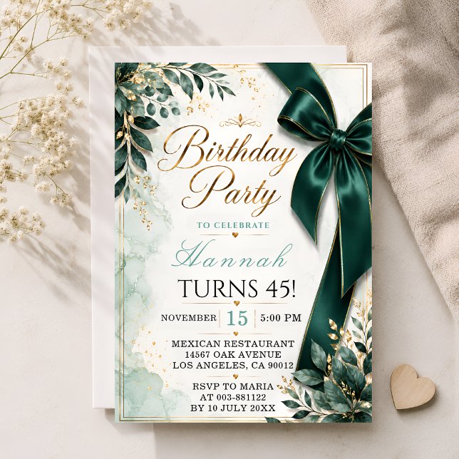 Elegante Invitación de Cumpleaños con Lazo Verde E (Subido por el creador)