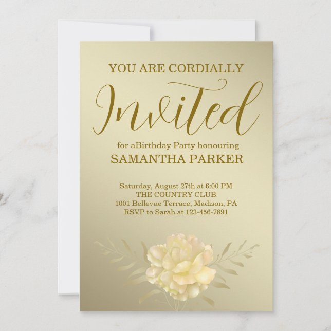 Elegante Invitación de Cumpleaños con Letra Dorada (Anverso)