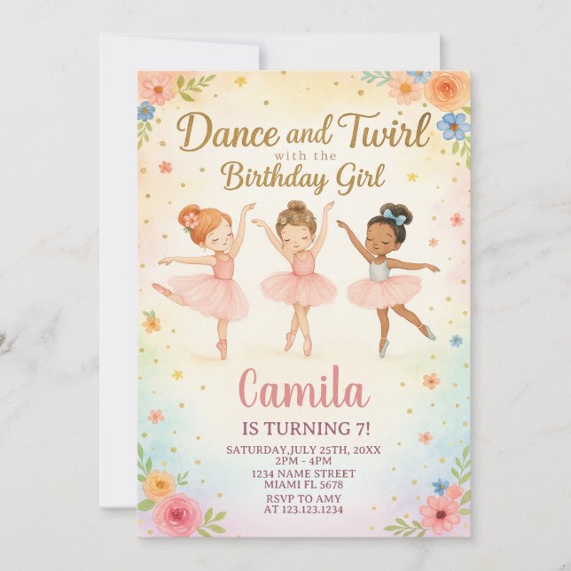 Elegante Invitación de cumpleaños de Ballerina (Anverso)