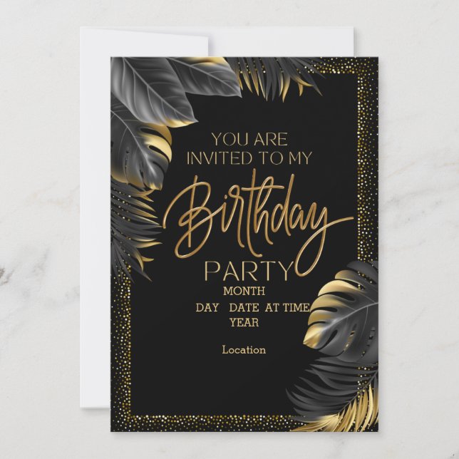 Elegante invitación de cumpleaños de color negro y (Anverso)