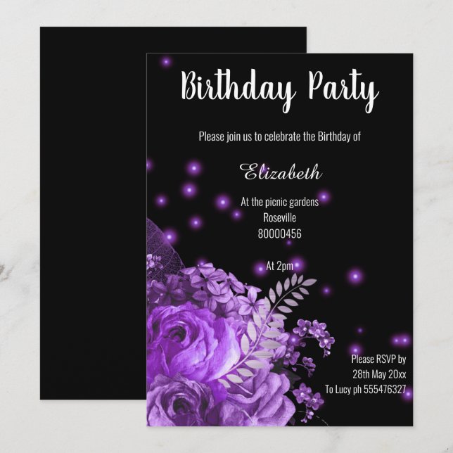 ELEGANTE INVITACIÓN DE CUMPLEAÑOS DE FLORAL NEGRA (Anverso / Reverso)