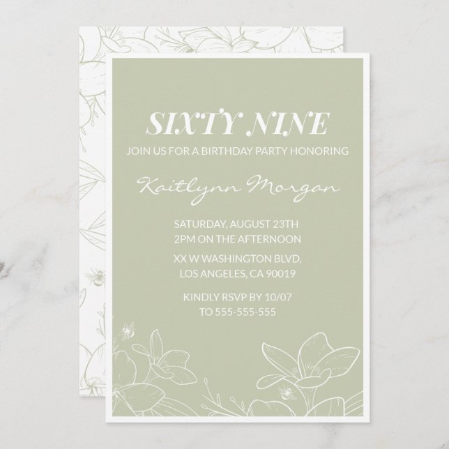 Elegante invitación de cumpleaños de Floral Verde  (Anverso / Reverso)