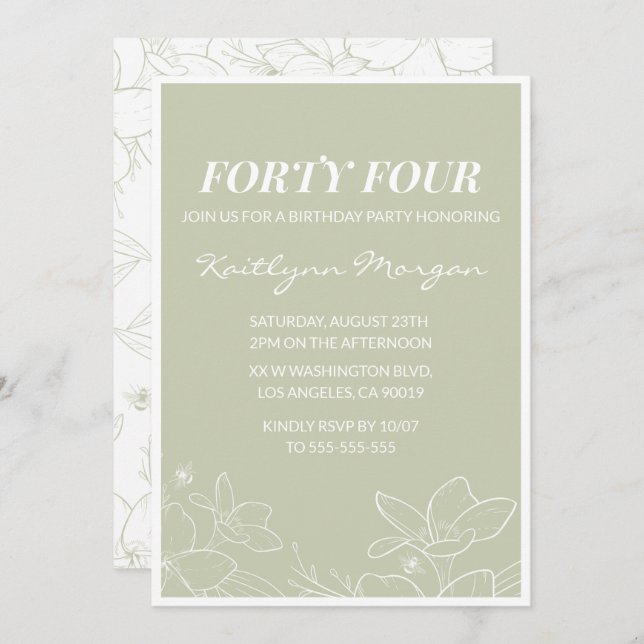 Elegante invitación de cumpleaños de Floral Verde  (Anverso / Reverso)