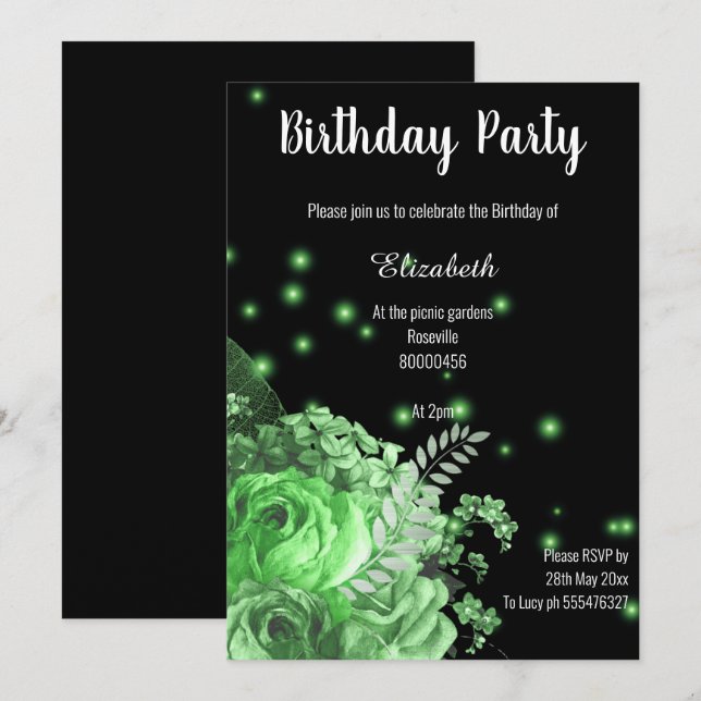 ELEGANTE INVITACIÓN DE CUMPLEAÑOS DE FLORAL VERDE  (Anverso / Reverso)