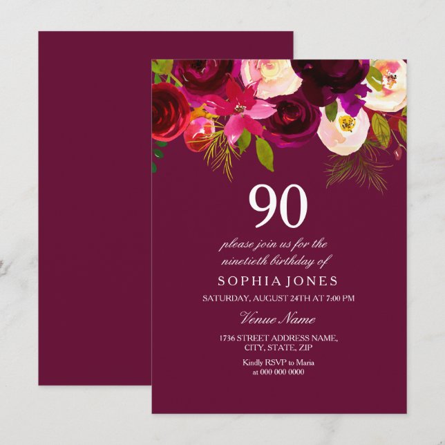 Elegante invitación de cumpleaños de flores de Bor (Anverso / Reverso)