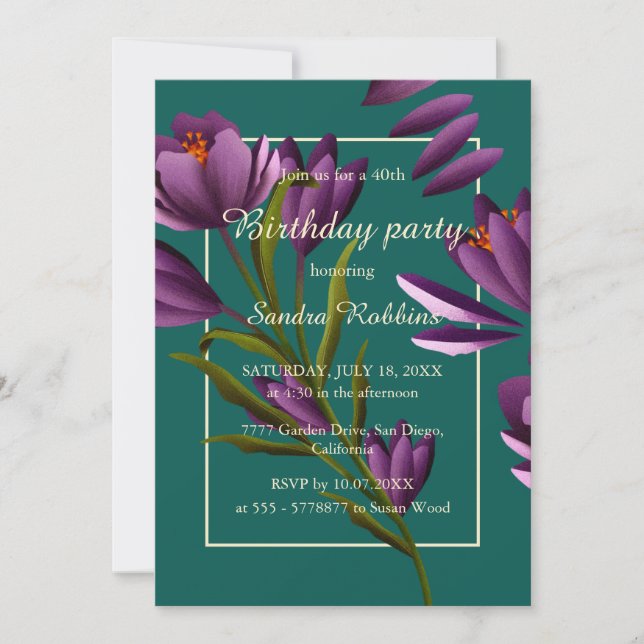 Elegante invitación de cumpleaños de flores verdes (Anverso)
