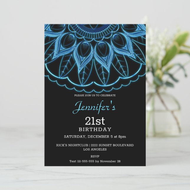 Elegante invitación de cumpleaños de Mandala azul (Anverso de pie)