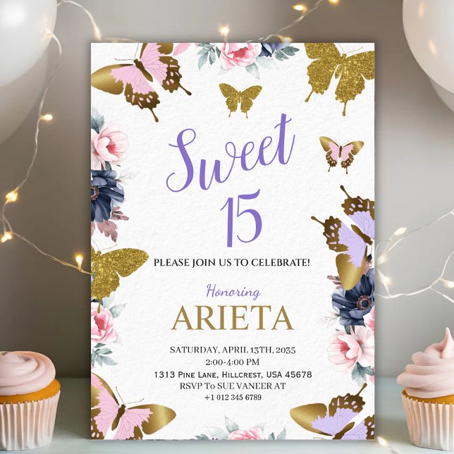 Elegante invitación de cumpleaños de mariposa dora (Subido por el creador)