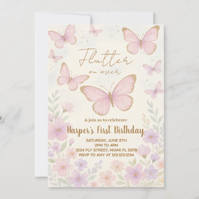 Elegante Invitación de cumpleaños de mariposa edit (Anverso)