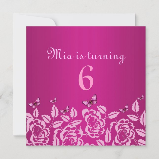 Elegante invitación de cumpleaños de mariposa rosa (Anverso)