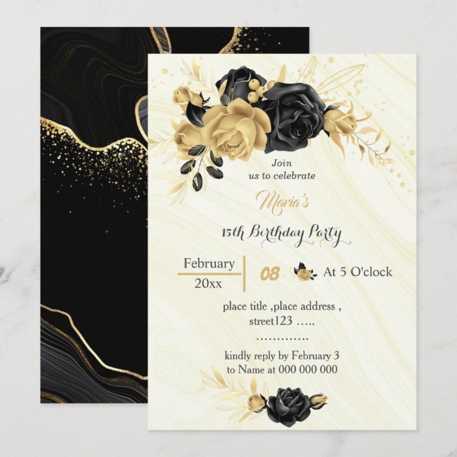 Elegante invitación de cumpleaños de oro y flores  (Anverso / Reverso)