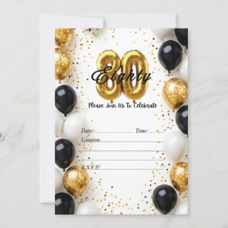 Elegante invitación de cumpleaños de oro y globo n