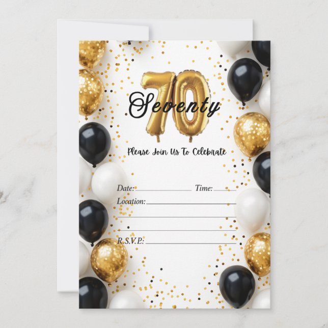 Elegante Invitación de cumpleaños de oro y globo n (Anverso)