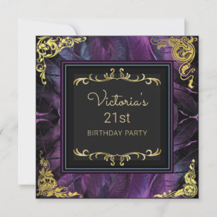 Elegante invitación de cumpleaños de oro y plumas