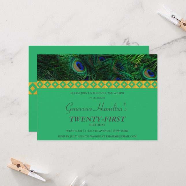 Elegante invitación de cumpleaños de oro y plumas (Anverso/Reverso In Situ)