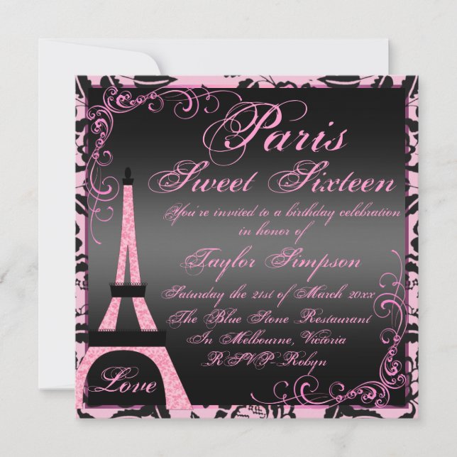 Elegante invitación de cumpleaños de París negro y (Anverso)