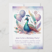 Elegante invitación de cumpleaños de pavo real Boh