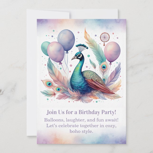 Elegante invitación de cumpleaños de pavo real Boh (Anverso)