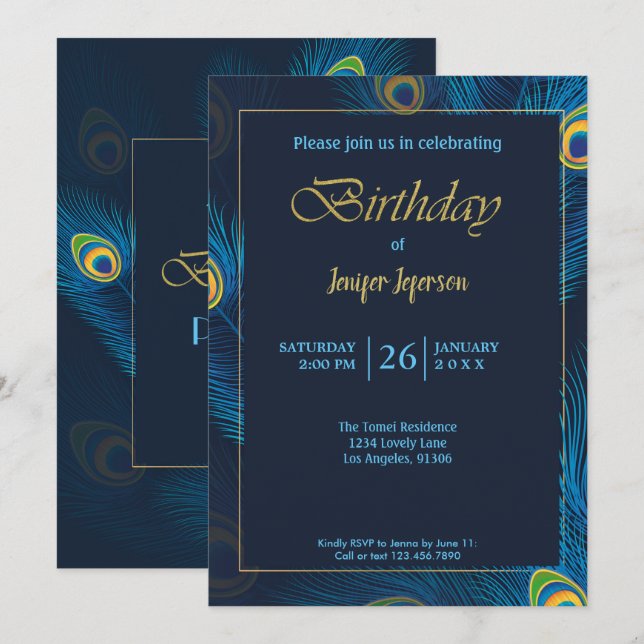 Elegante invitación de cumpleaños de Peacock (Anverso / Reverso)