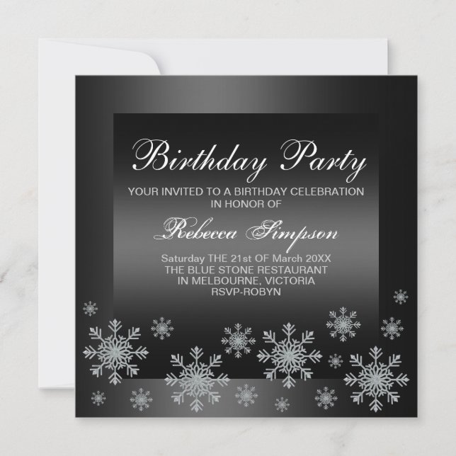 Elegante Invitación de cumpleaños de plata de niev (Anverso)