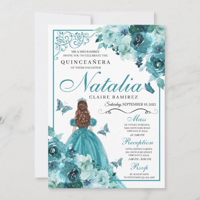 Elegante invitación de cumpleaños de Quinceanera f (Anverso)