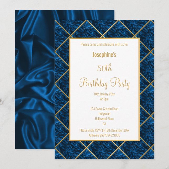ELEGANTE INVITACIÓN DE CUMPLEAÑOS DE SATIN GOLD RO (Anverso / Reverso)