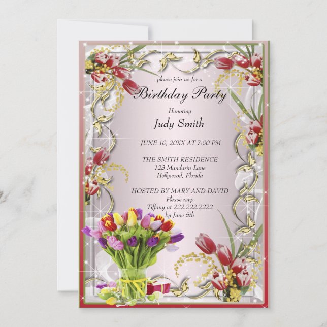 Elegante invitación de cumpleaños de tulipán (Anverso)