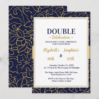 Elegante invitación de cumpleaños doble azul marin