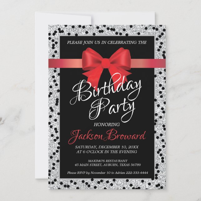 Elegante invitación de cumpleaños en blanco y negr (Anverso)
