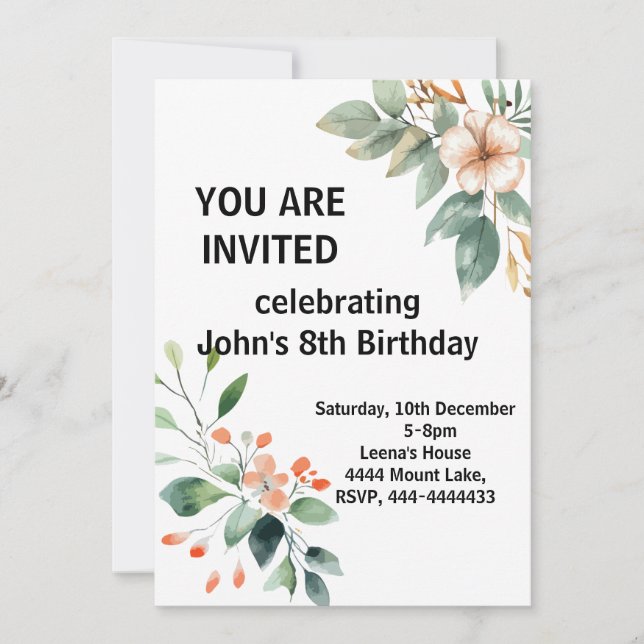 Elegante invitación de cumpleaños floral (Anverso)