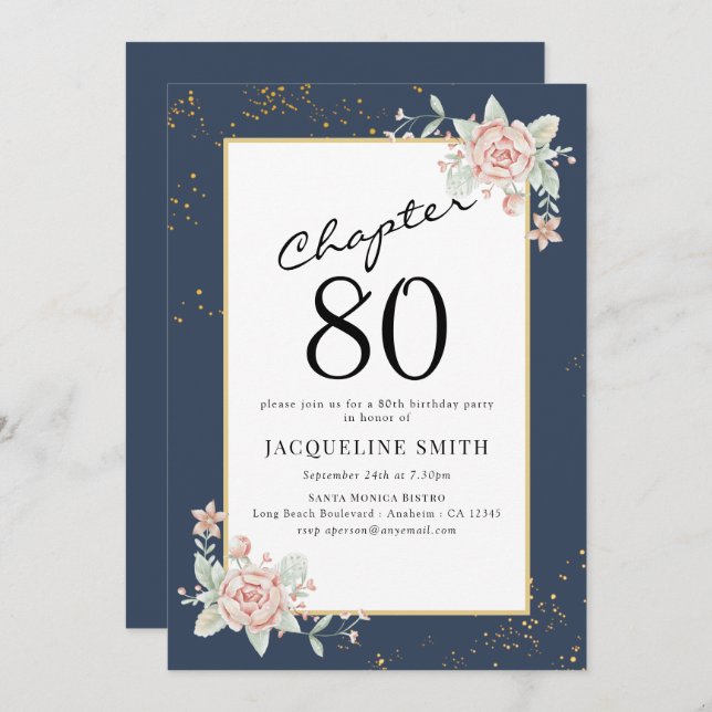 Elegante invitación de cumpleaños floral 80 (Anverso / Reverso)