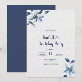 Elegante invitación de cumpleaños floral azul, Boh